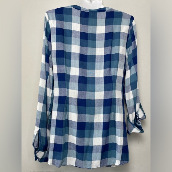 Modloth Blue White Gingham Button shirt Nautical Fisherman women size L Roll tab - Picture 3 of 7